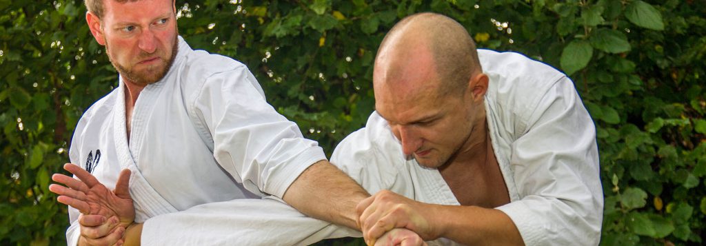 Dojo Leiter Mathias Schäfer demonstriert eine Karate Hebeltechnik zur Selbstverteidigung.